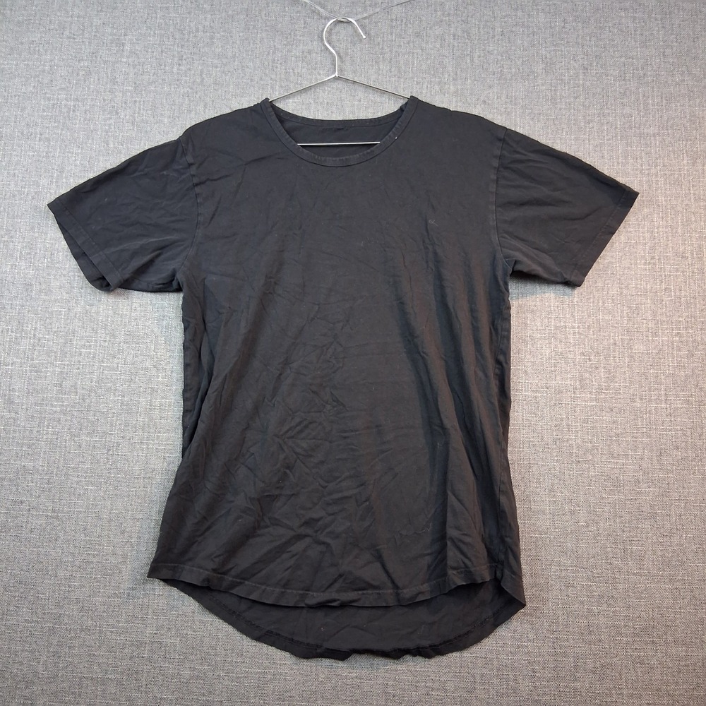 Mens‎ Black Short Sleeve Curved Scallop Hem Longline Crewneck T-Shirt Streetwear